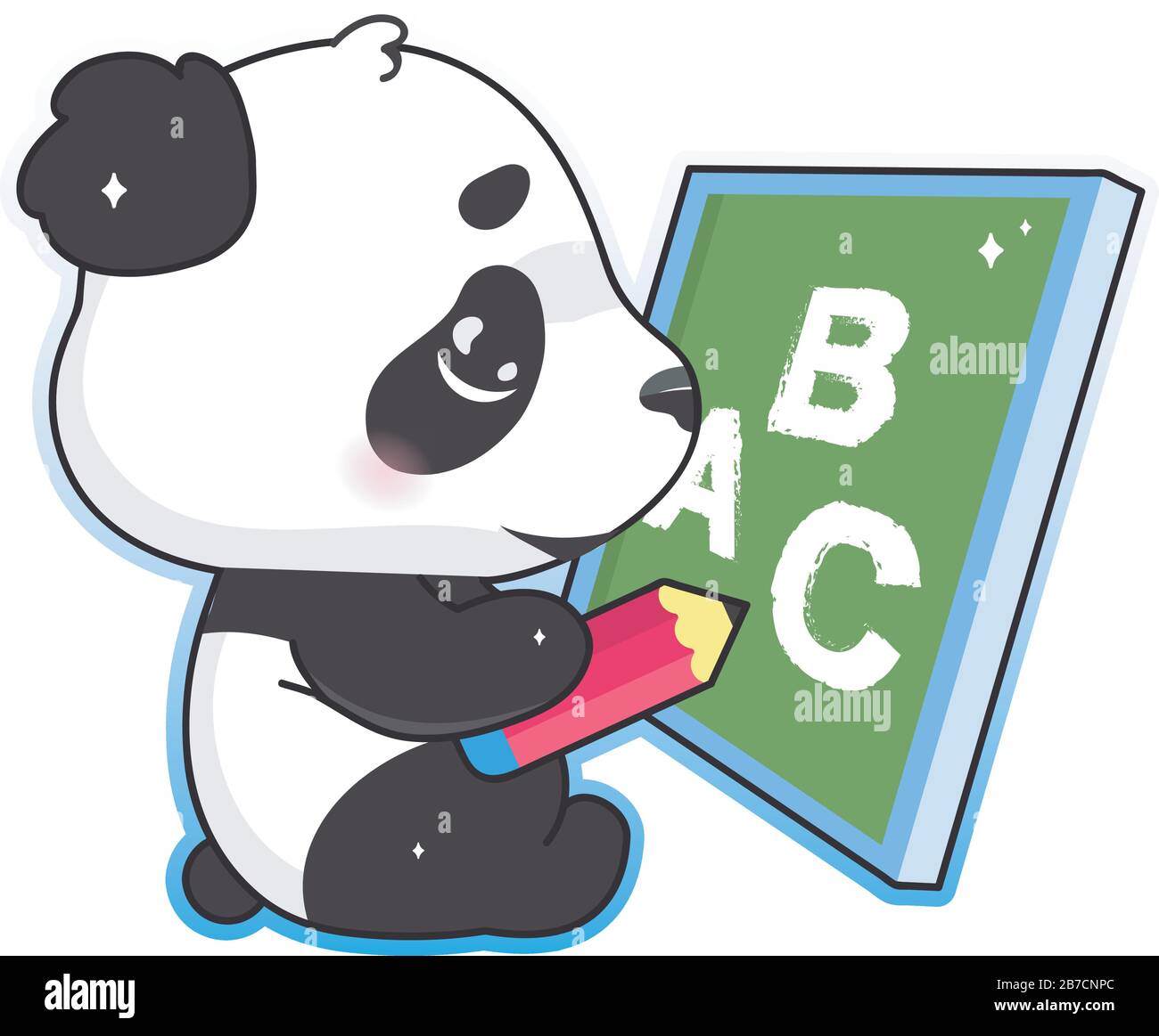 Lindo panda dibujo en el tablero de la escuela con lápiz kawaii personaje  vector de dibujos animados. Adorable y divertido animal estudiando el  alfabeto aislado etiqueta, parche Imagen Vector de stock -