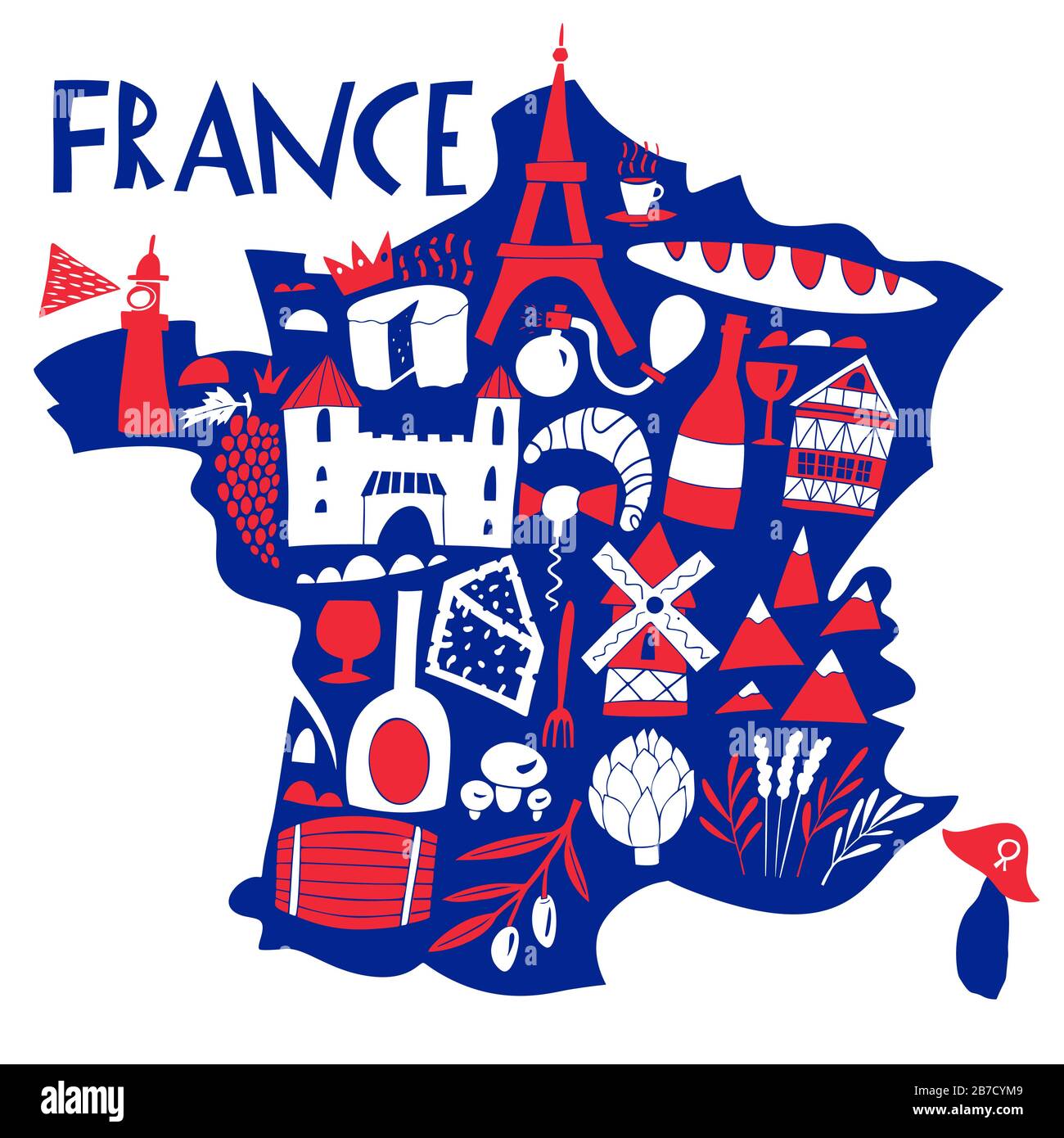 Vector trazado a mano estilizados mapa de Francia. Ilustración de viaje con monumentos franceses, comida y plantas. Ilustración del Vector