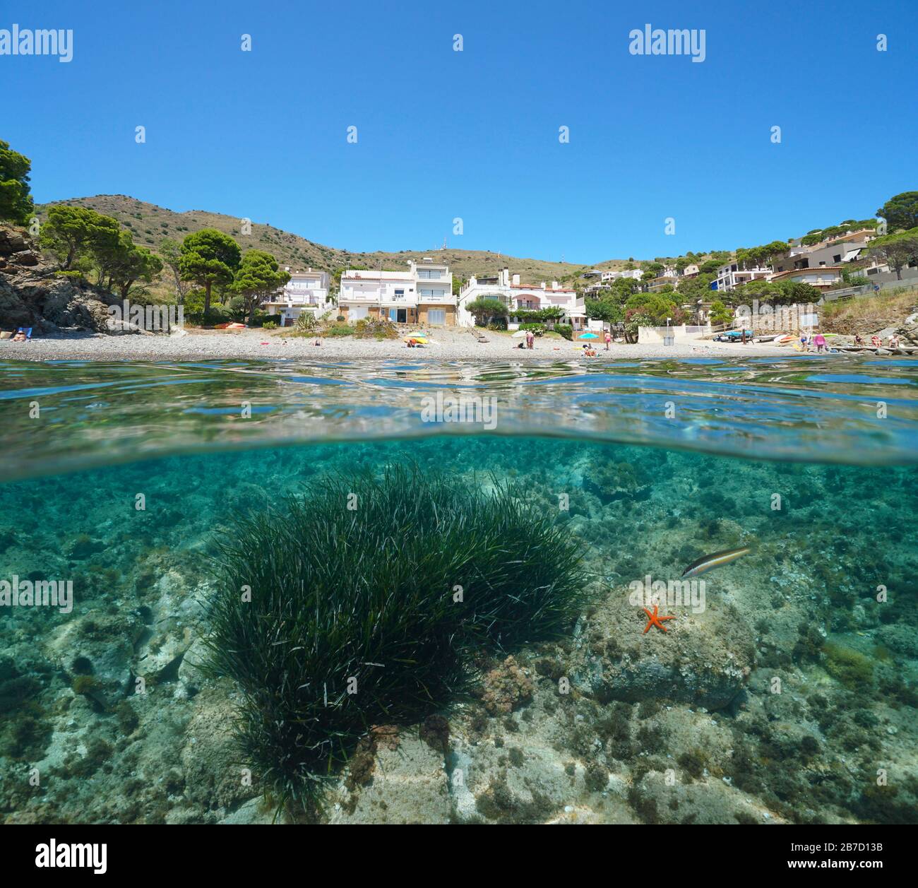 España vacaciones de verano mar Mediterráneo, costa de playa con edificios, vista dividida sobre y debajo de la superficie del agua, Costa Brava, Colera, Cataluña Foto de stock