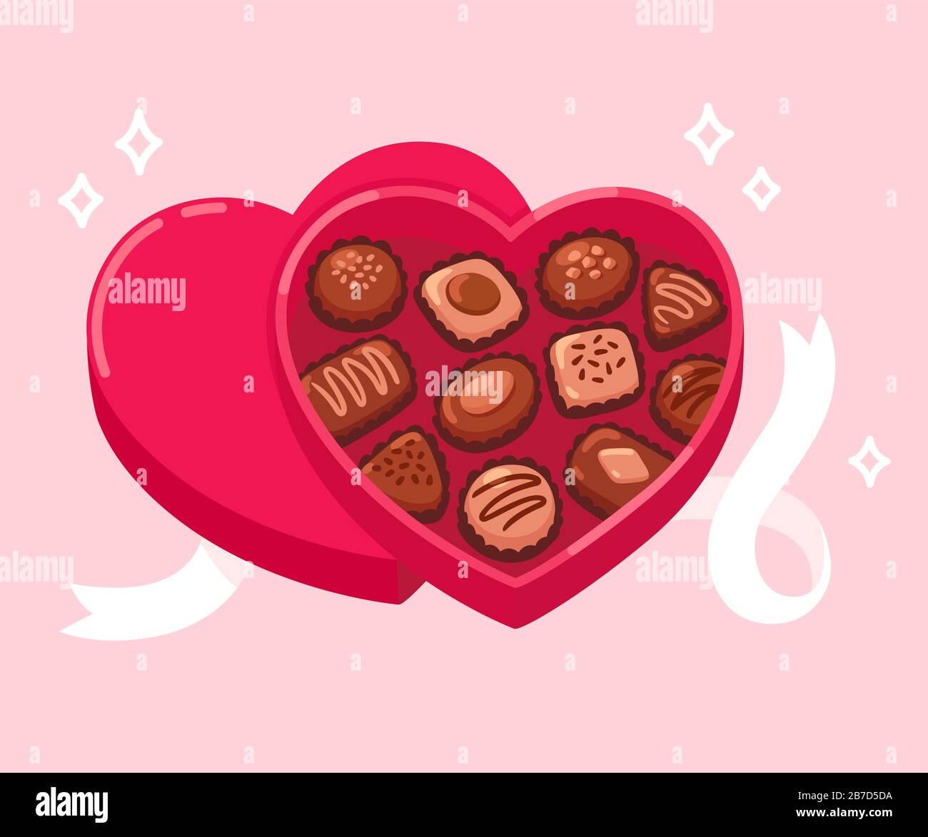 Caja de bombones abierta en forma de corazón con cinta blanca sobre