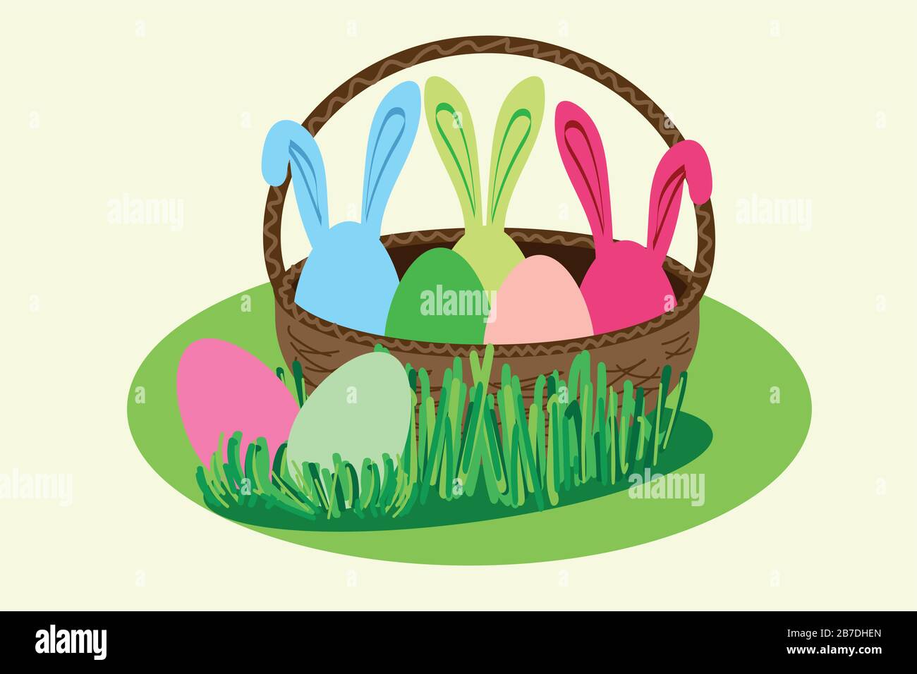 cesta con huevos de pascua multicolor. tres huevos con orejas de conejo y dos en la hierba cerca de la cesta Ilustración del Vector