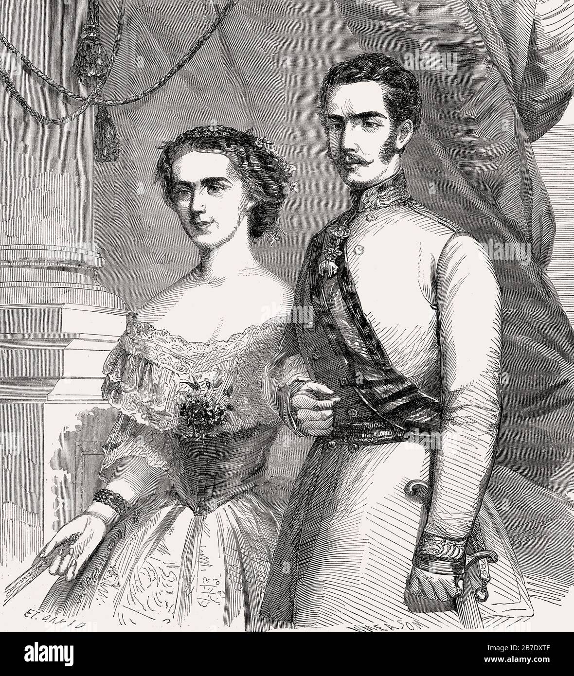 Franz Joseph I, Emperador de Austria, con la emperatriz Elisabeth de Austria, llamada Sissi, 1857 Foto de stock