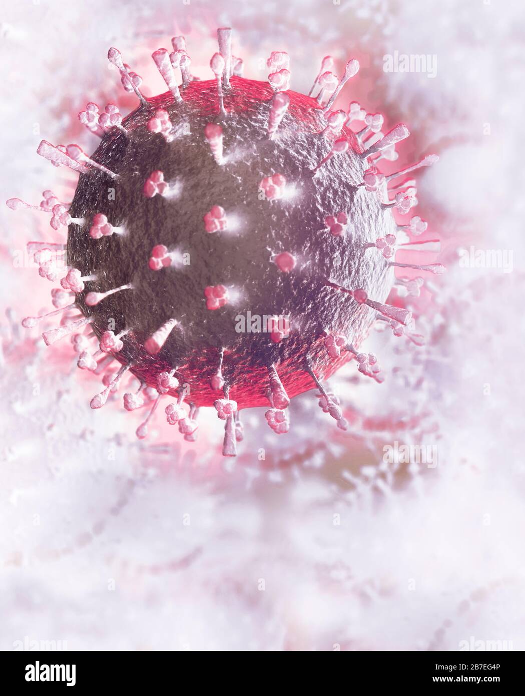 Coronavirus, COVID-19, renderizado artístico. Ilustración conceptual 3D de partículas de virus de corona sobre fondo blanco brillante. Propagación del virus, la epidemia y. Foto de stock