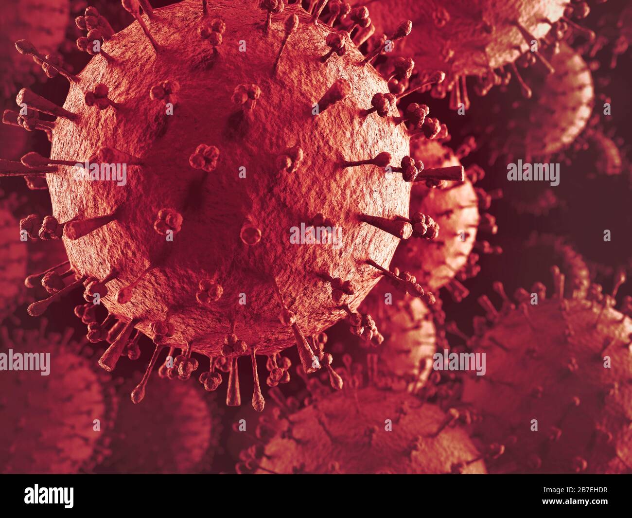 Coronavirus, COVID-19, renderizado artístico en colores rojos. Ilustración 3D del concepto de pandemia del virus de la corona. Foto de stock