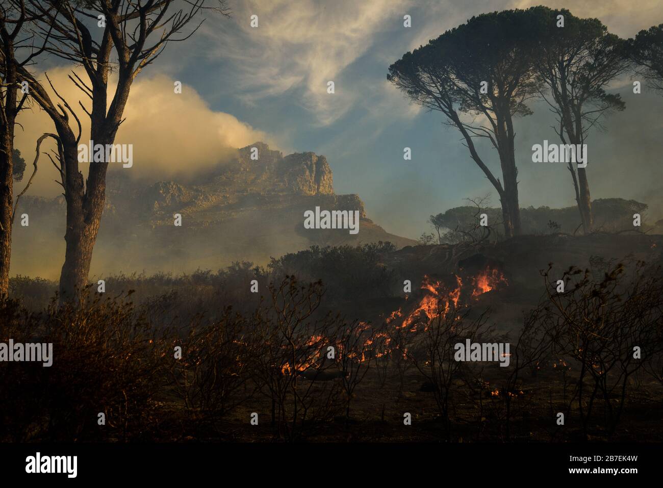 Un fuego salvaje arde en las laderas de la montaña Table Mountain de Ciudad del Cabo y el emblemático monumento de Sudáfrica Foto de stock