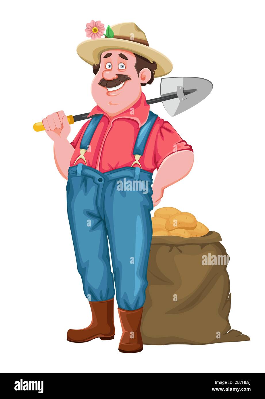 Personaje de dibujos animados de agricultores. Campesino alegre con pala y  bolsa de patatas. Vector de stock aislado en blanco Imagen Vector de stock  - Alamy