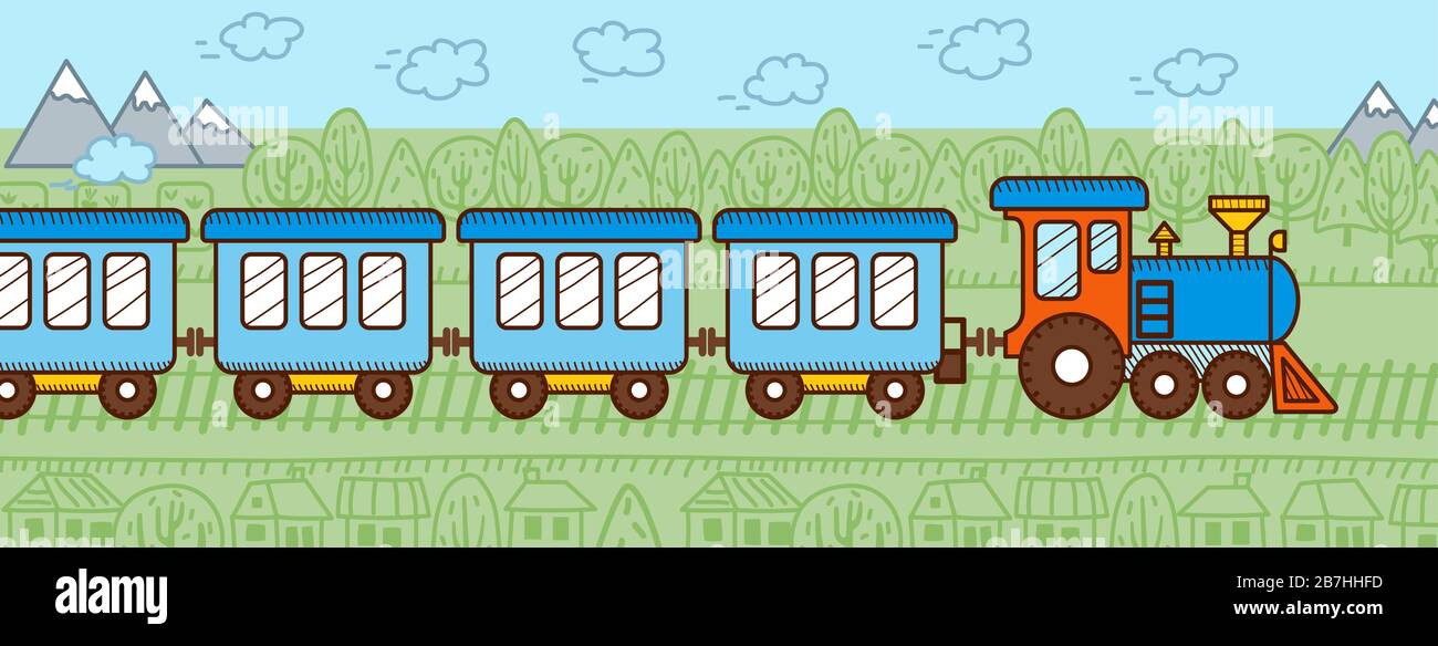 Tren azul de dibujos animados con vagones de ferrocarril sobre fondo de la  naturaleza. Banner Imagen Vector de stock - Alamy