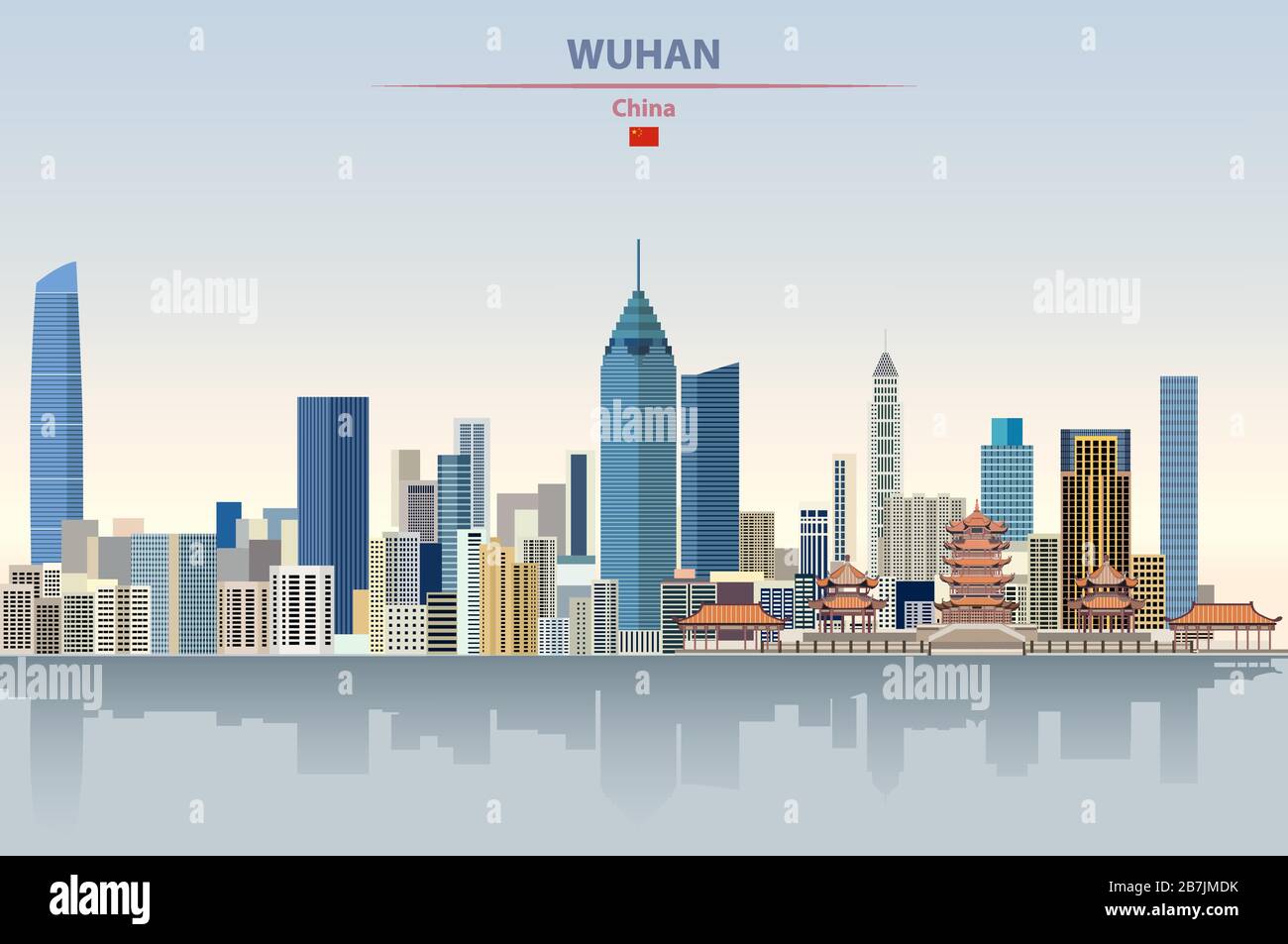 Ilustración vectorial del horizonte de la ciudad de Wuhan sobre un colorido gradiente de hermoso fondo diurno Ilustración del Vector
