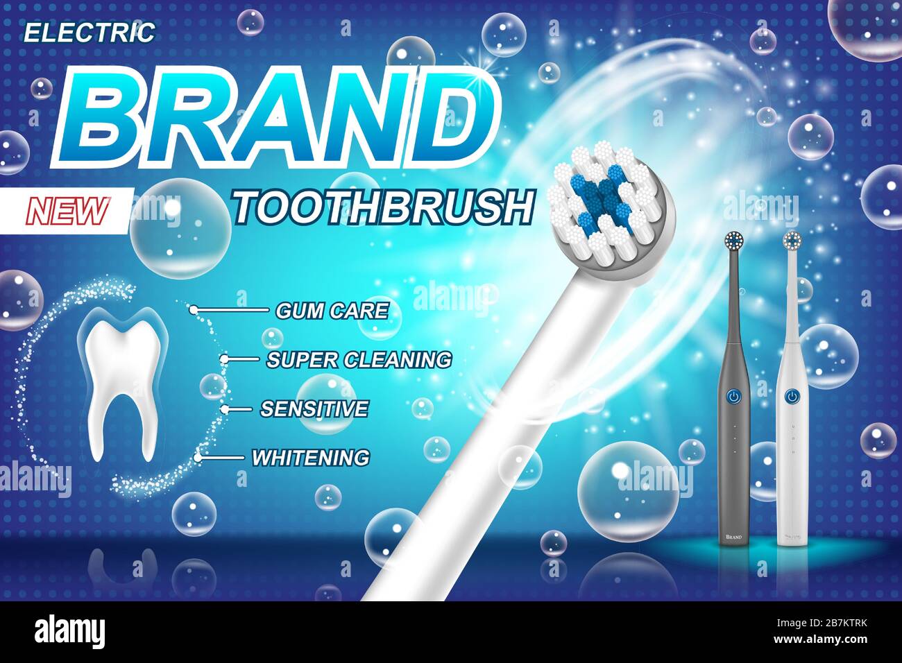 Anuncios de cepillos de dientes eléctricos. Modelo de diente y concepto de diseño de paquete de producto. Cepillo dental vibrante con diferentes programas de limpieza. Ilustración de vector 3d. Ilustración del Vector