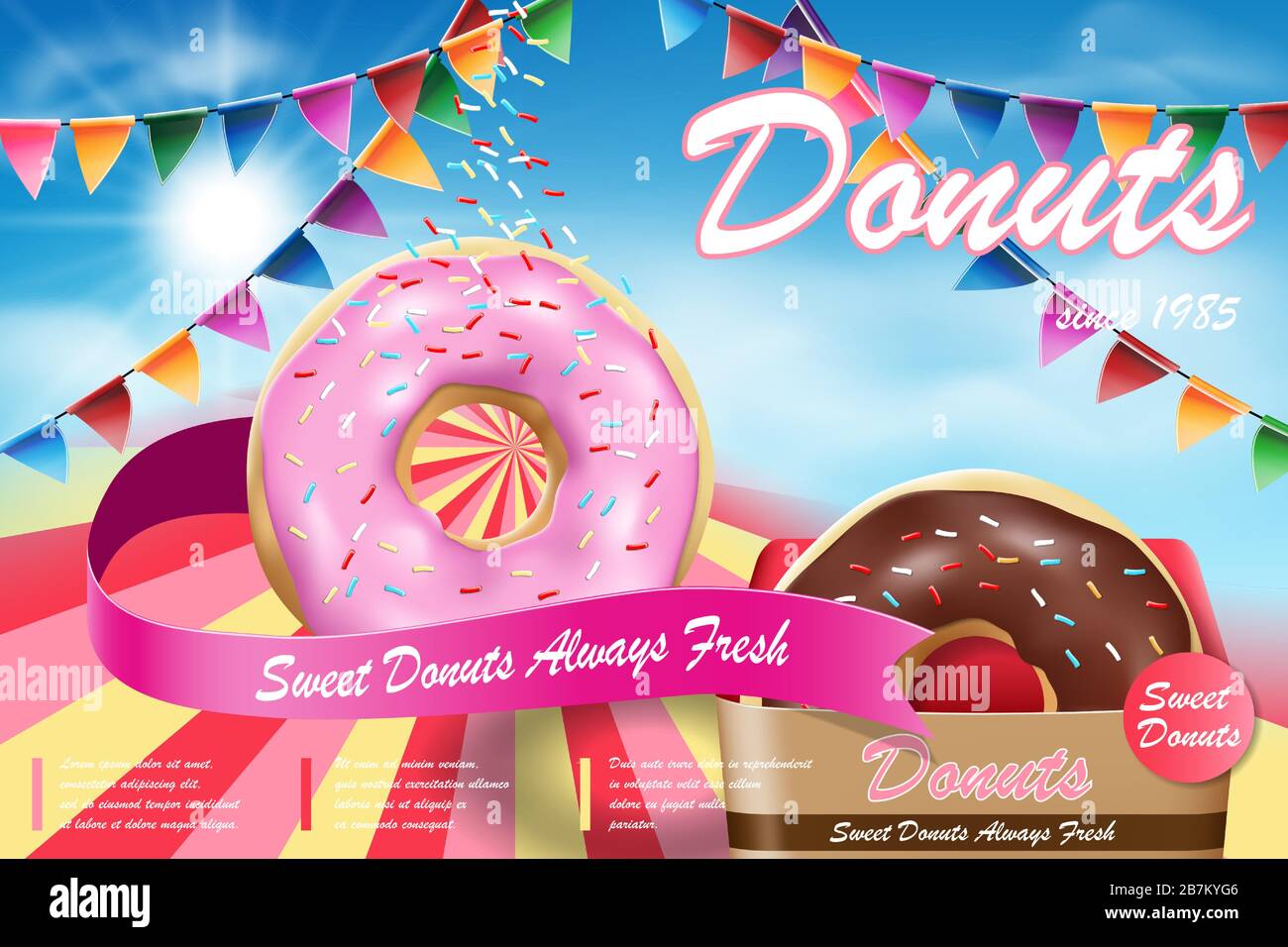 Deliciosos donuts con sabor a vuelo. Donuts de fresa y chocolate sobre fondo azul. Ilustración vectorial Ilustración del Vector