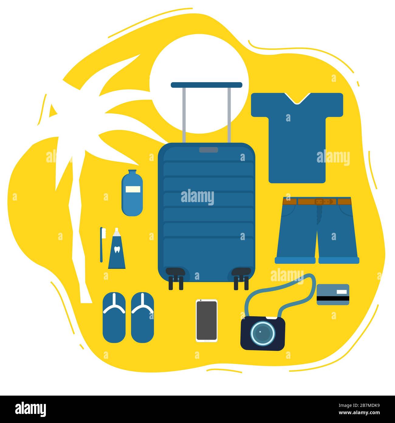 Viaje Suitkas con las cosas necesarias para unas vacaciones de verano junto  al mar sobre un fondo amarillo Fotografía de stock - Alamy