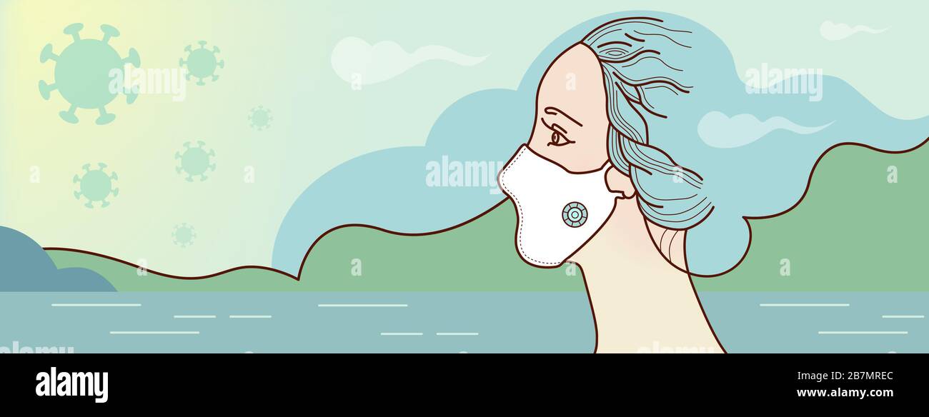 Mujer en máscara protectora, Respirador sobre fondo del paisaje. Vector Ilustración de niña, cielo, nubes, lago, campo. Protección de la página web en el dise Ilustración del Vector