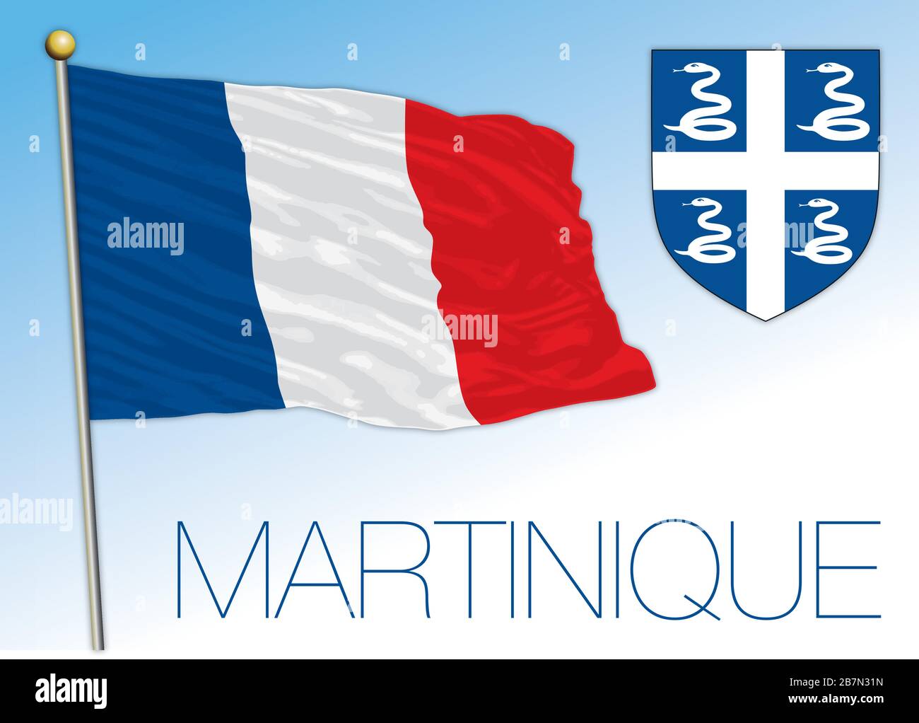 Martinica bandera nacional oficial y escudo de armas, territorio francés, ilustración vectorial Ilustración del Vector