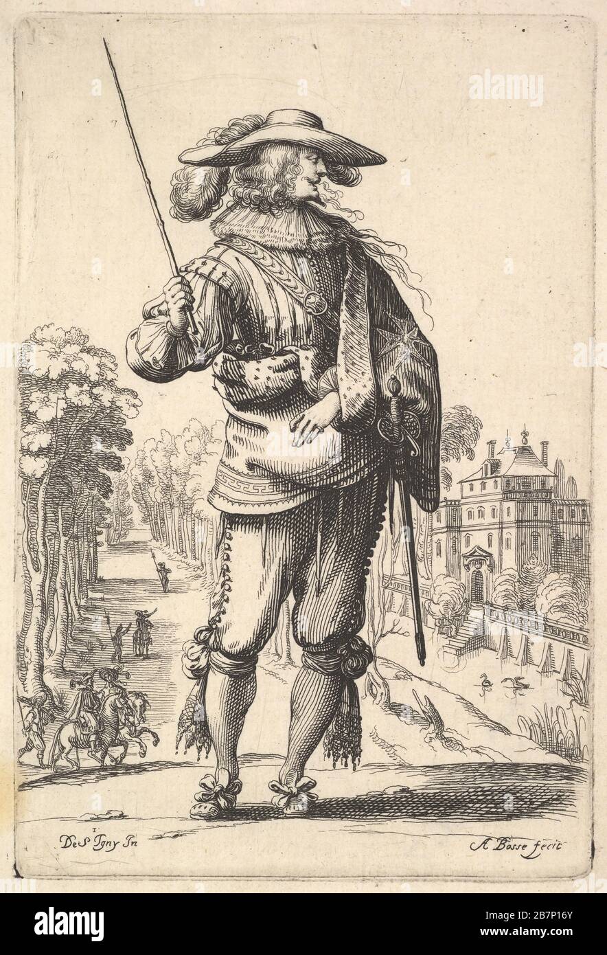 Un caballero con la cabeza girada hacia la derecha de perfil, con un  sombrero plomado y un manto con la cruz de la Orden del Espíritu Santo,  sosteniendo un látigo en su