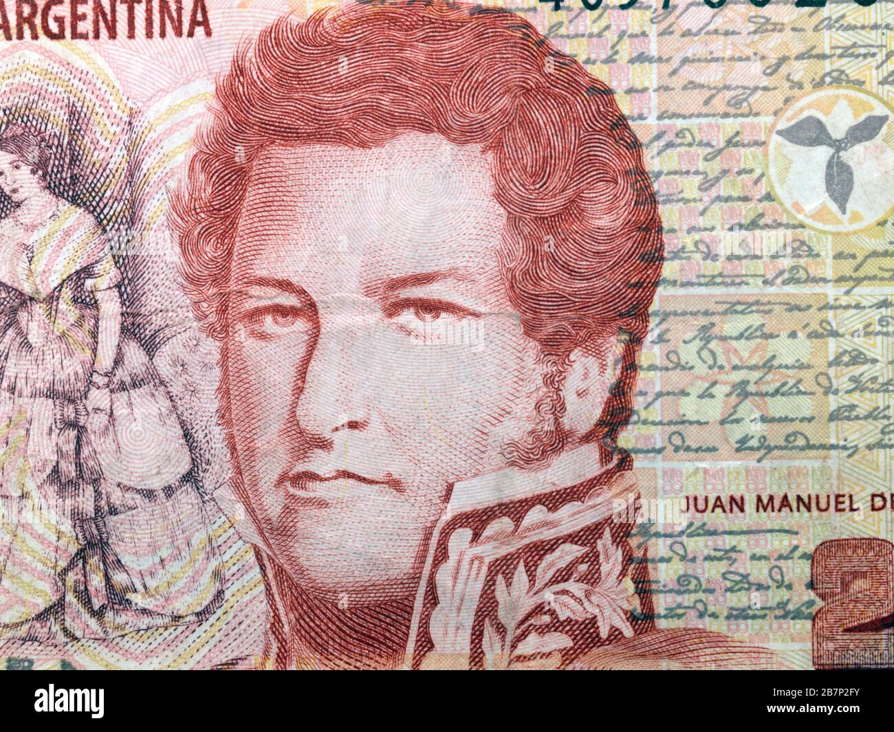 Banco de la República Argentina veinte Pesos Banknotte representando a Juan Manuel de la Rosas 1793-1877 líder político y militar argentino que era Gove Foto de stock