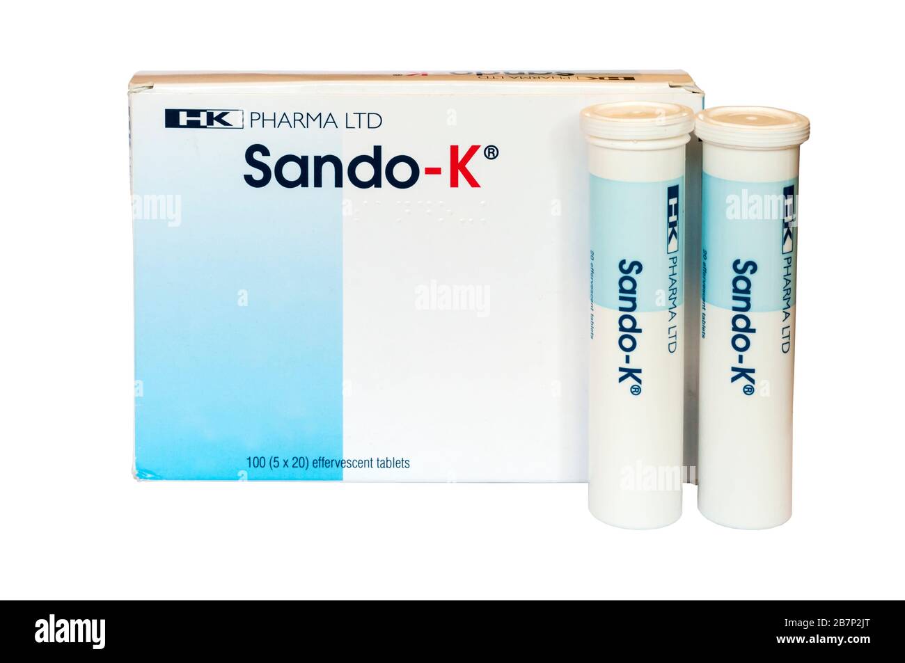Caja y tubos de tabletas efervescentes de Sando-K tomados para tratar niveles bajos de potasio. Foto de stock