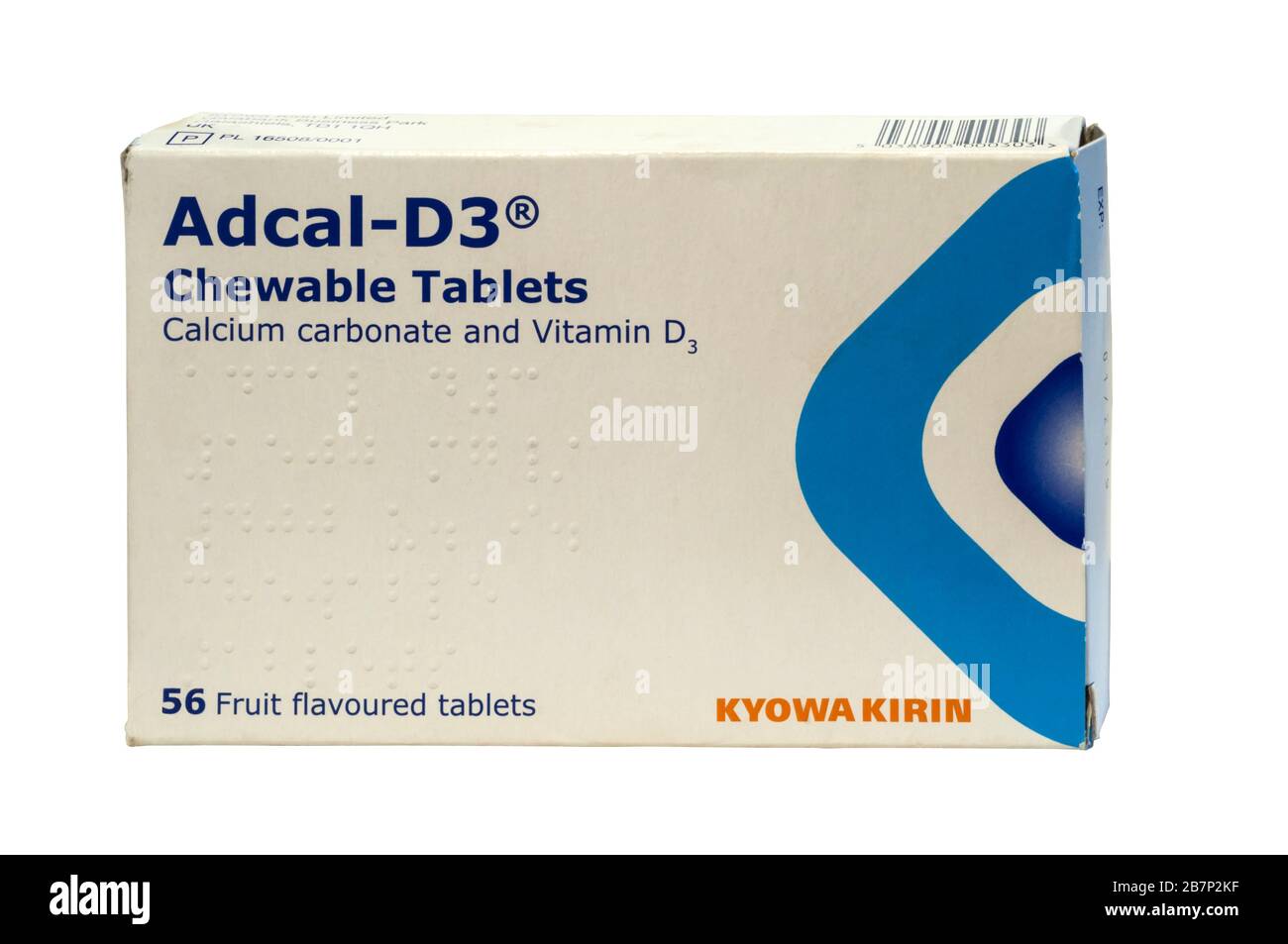 Un paquete de carbonato de calcio Adcal-D3 y tabletas masticables de vitamina D3. Utilizado en el tratamiento de la osteoporosis. Foto de stock