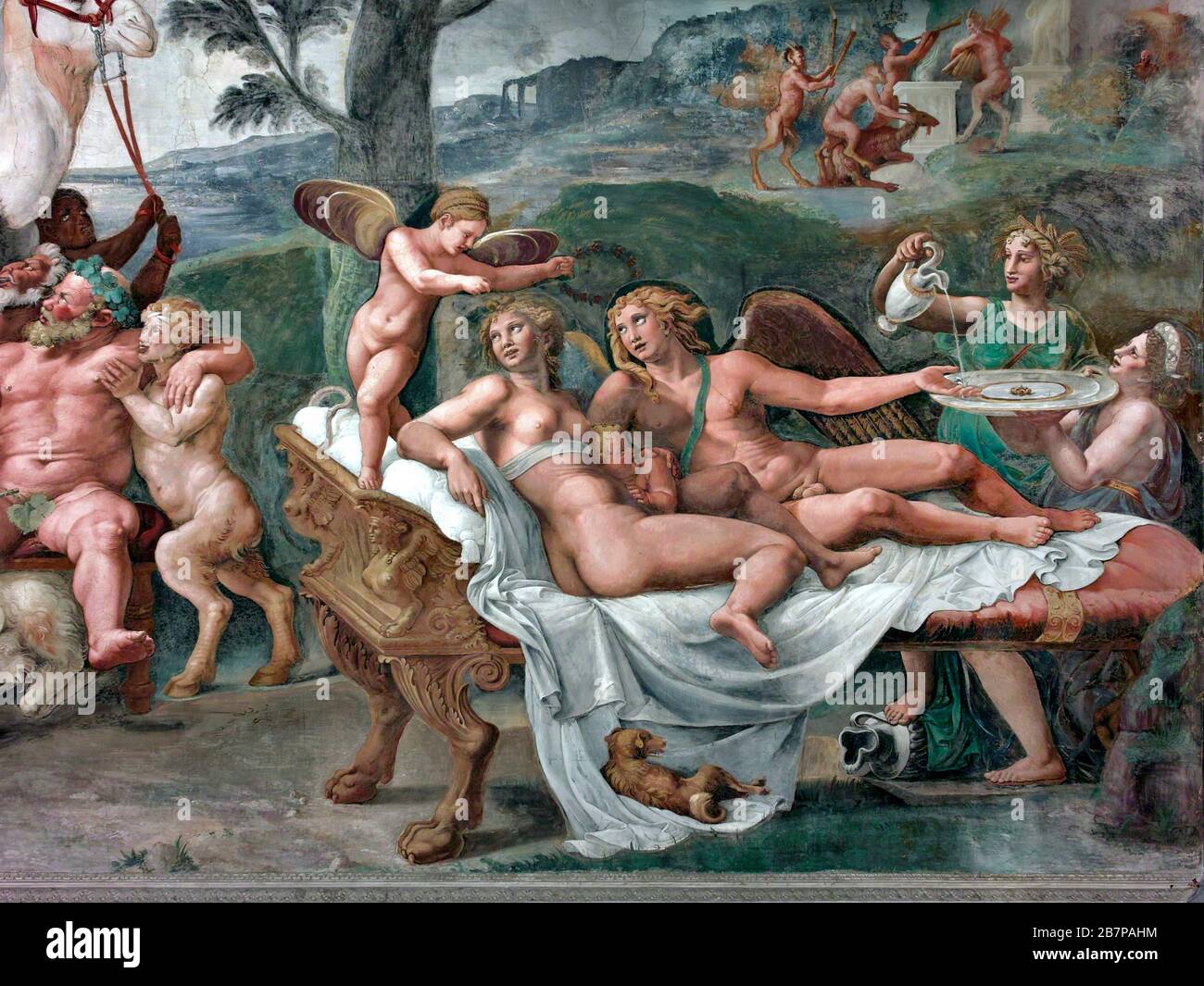 'Banquete de los dioses' en la 'Cámara de Cupido y Psique'. Fresco por Giulio Romano y ayudantes (siglo 16) dentro del Palazzo Te, Mantua, Lombardía, que Foto de stock