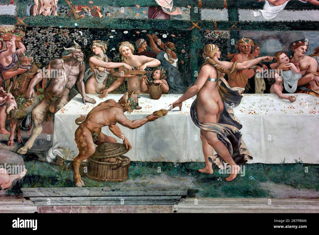 Detalle del 'banquete rústico' en la 'Cámara de Cupido y Psique'. Fresco por Giulio Romano y ayudantes (siglo XVI) dentro del Palazzo Te, Mantua, Ital Foto de stock