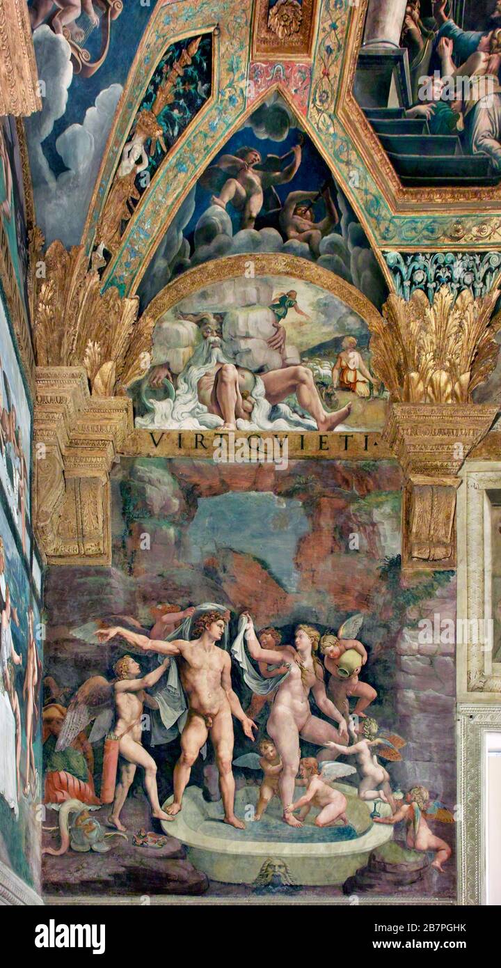 Venus y Marte en la 'Cámara de Cupido y Psique'. Fresco por Giulio Romano y ayudantes (siglo XVI) dentro del Palazzo Te, Mantua, Lombardía, Italia. Foto de stock