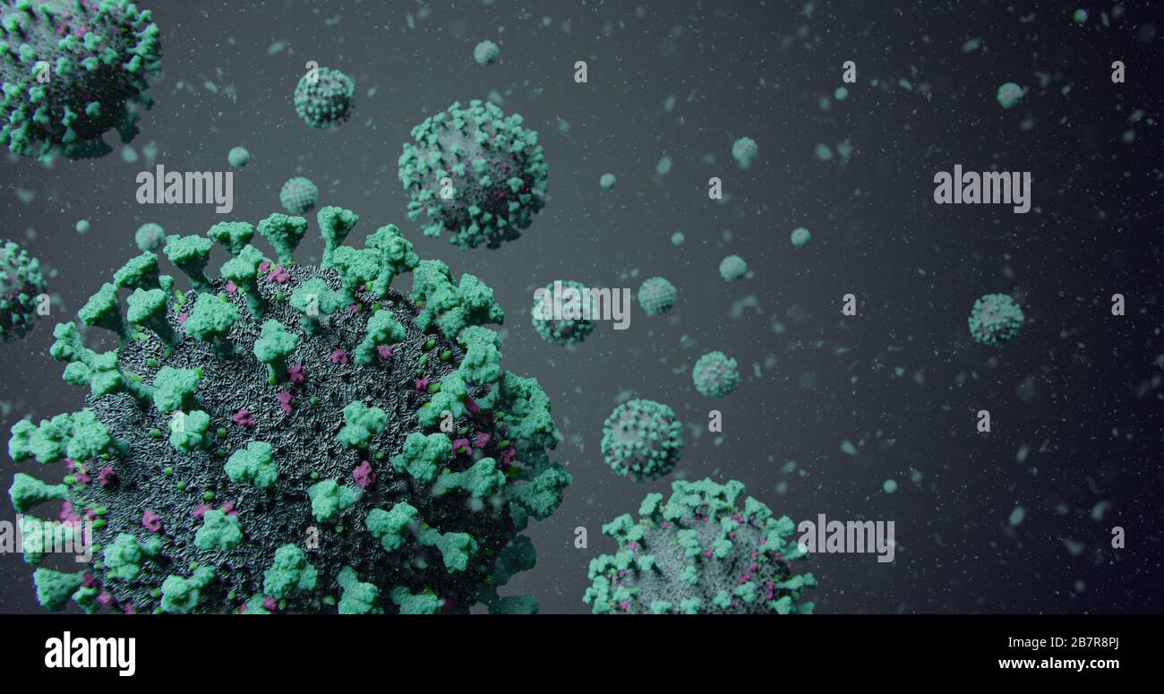 Grupo Azul contagioso de COVID-19 moléculas del virus de la Influenza Corona flotando en partículas - Resumen microscópico - brote epidémico de coronavirus de nCOV Foto de stock