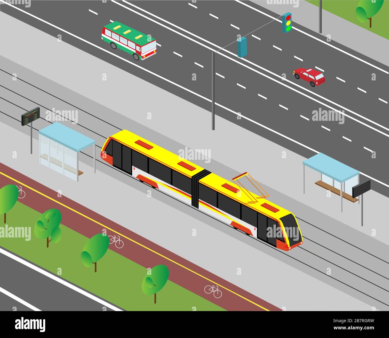 Calle de la ciudad en vista isométrica. Tráfico en la calle de vehículos de motor y tranvías. Ilustración vectorial. Ilustración del Vector