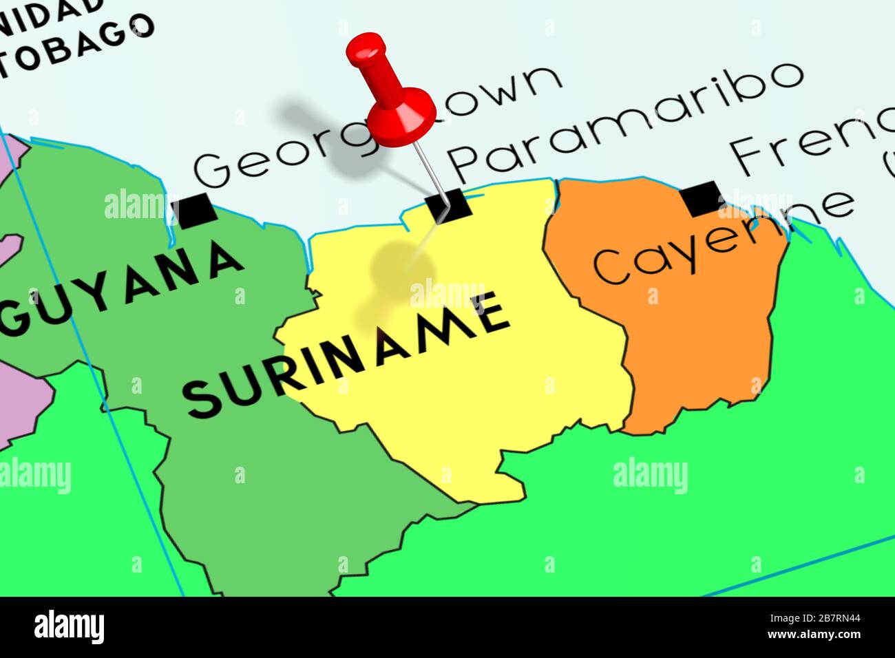 Surinam, Paramaribo - capital, anclado en el mapa político Foto de stock