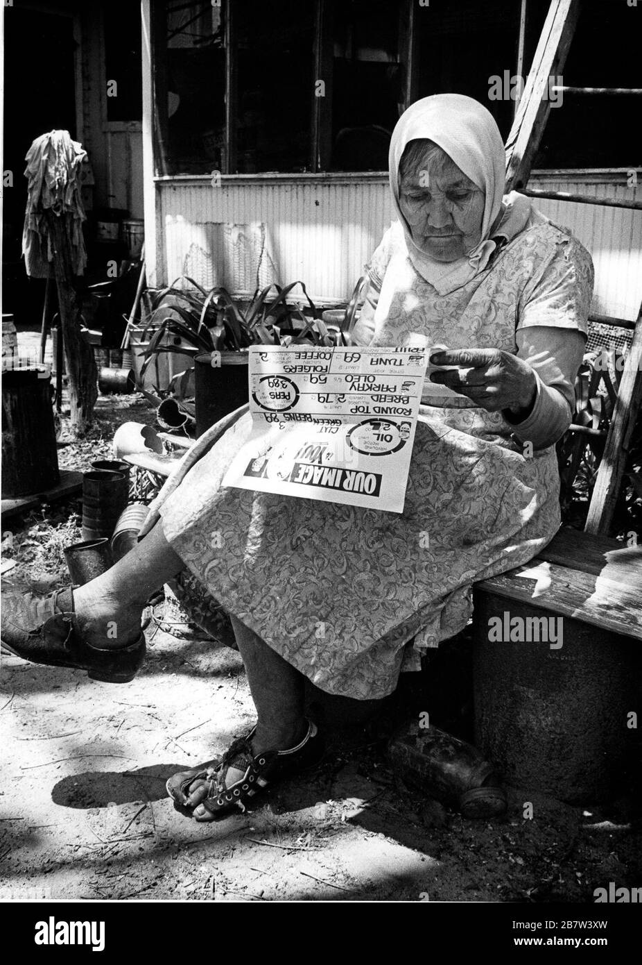 Mujer pobre y anciana que lee los anuncios de las tiendas de comestibles en el periódico. ©Bob Daemmrich Foto de stock