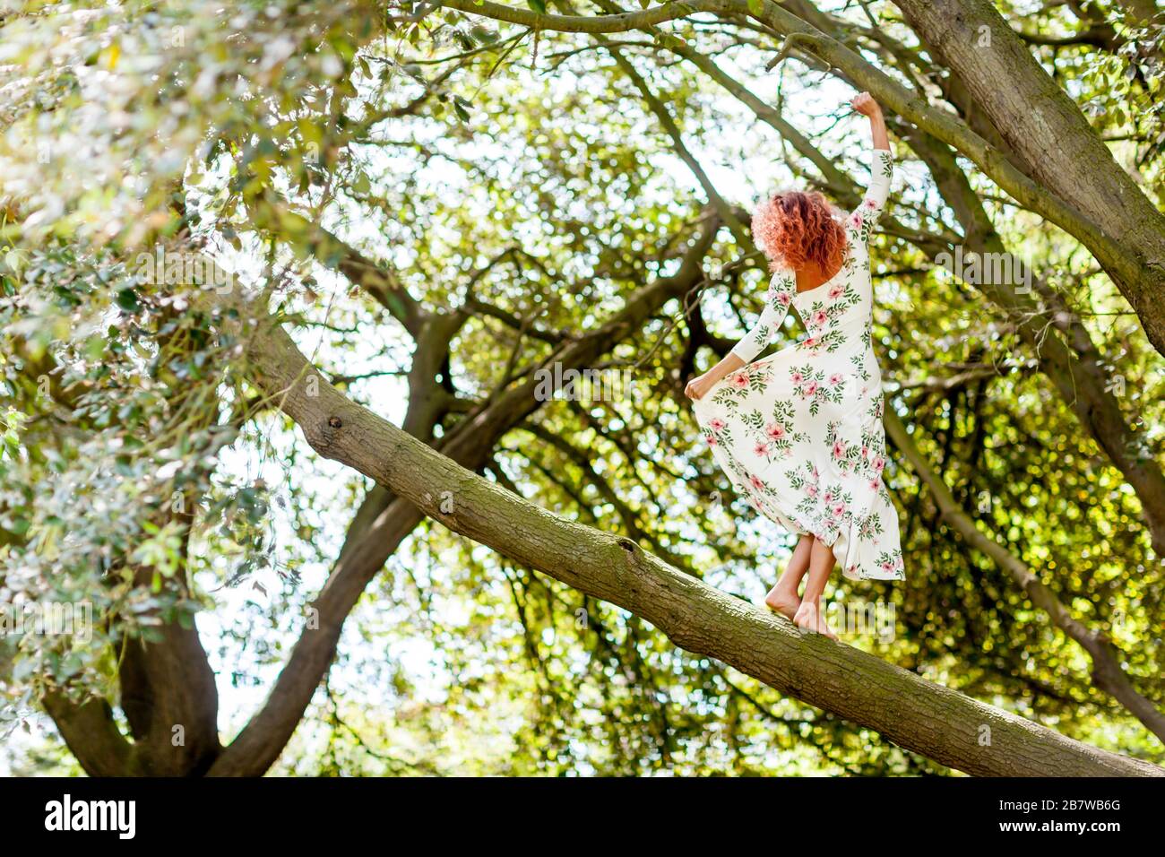 Mujer en vestido floral Danzando en tronco de árbol en el bosque Foto de stock