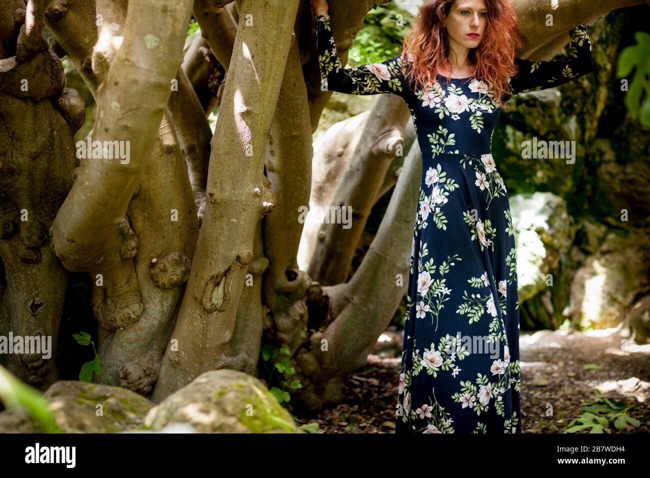 Mujer en vestido floral de pie por árbol en el bosque Foto de stock