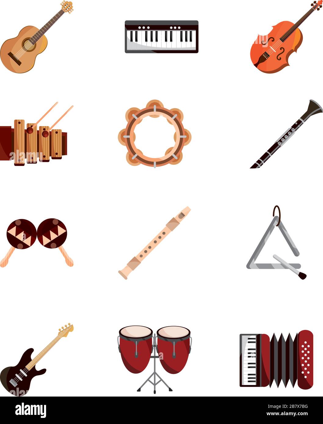 instrumentos cuerda viento percusión icono conjunto vector aislado Imagen Vector de stock - Alamy