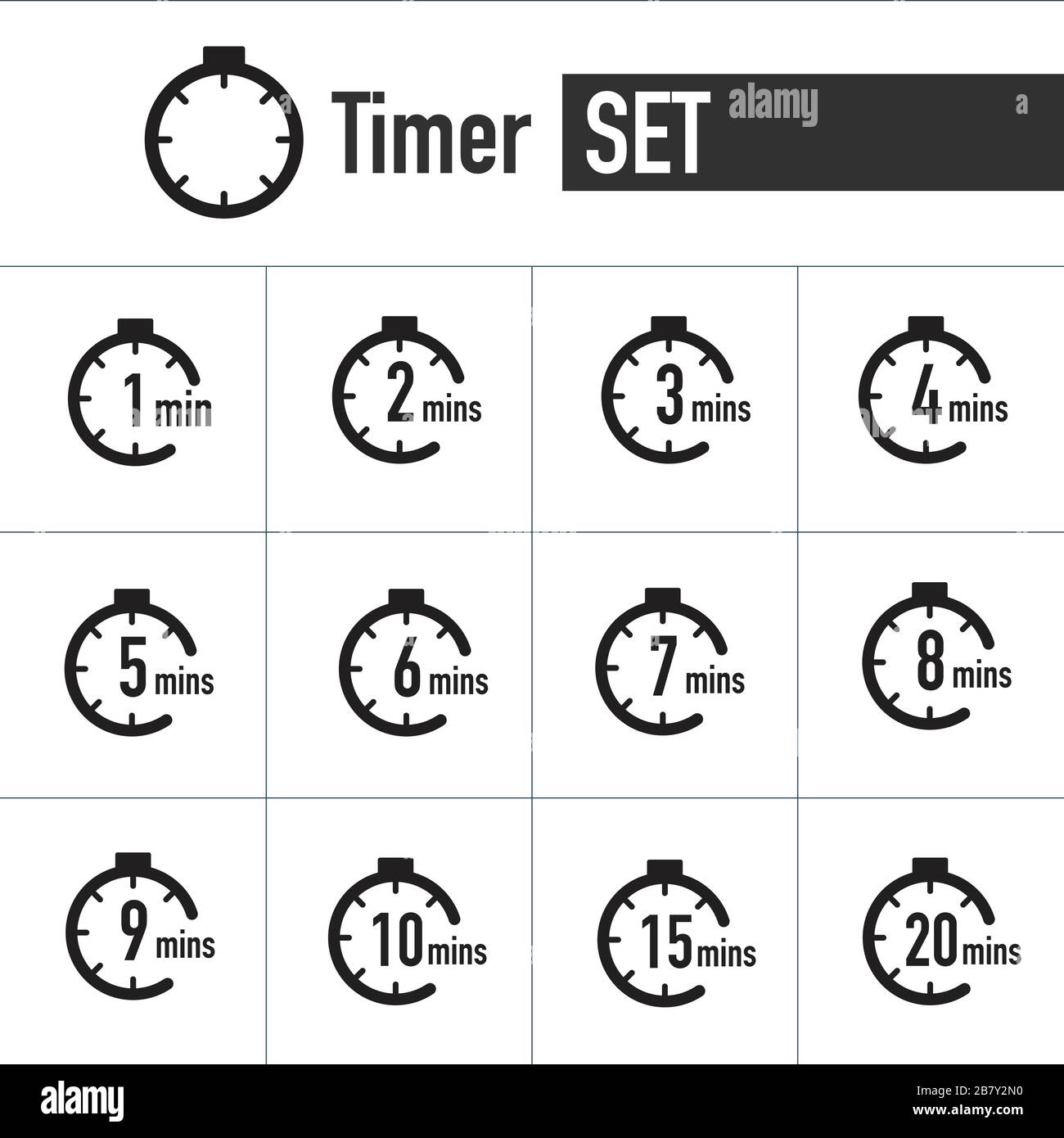 Reloj , icono de temporizador establezca la forma de 1 minuto a 20 minutos.  Ejemplo de vector de acciones aislado sobre fondo blanco Imagen Vector de  stock - Alamy