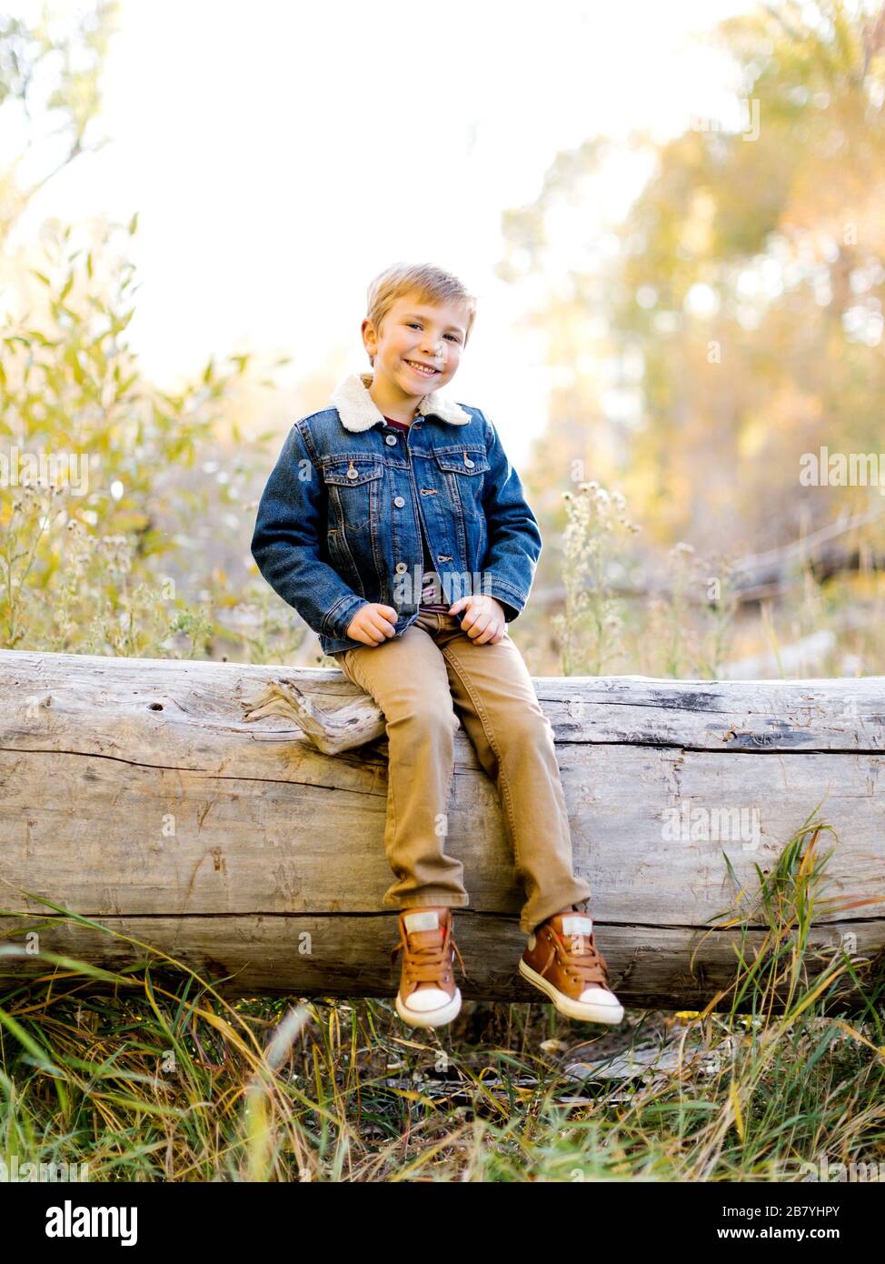 Sonriente chico sentado en el registro Foto de stock