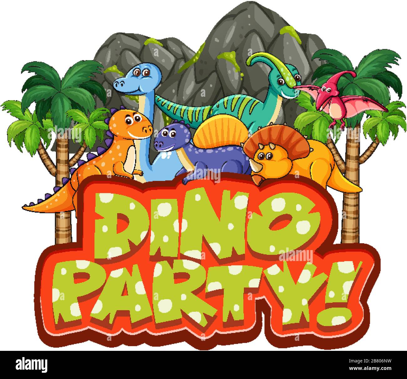 Diseño de fuentes para Word dino fiesta con muchos dinosaurios en la