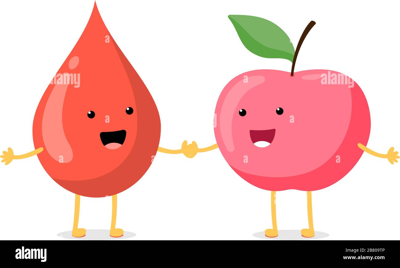 Bonita gota de sangre de dibujos animados con un carácter sonriente de fruta de manzana. Vector alimentación saludable alimentos y circulación concepto plano ilustración Ilustración del Vector