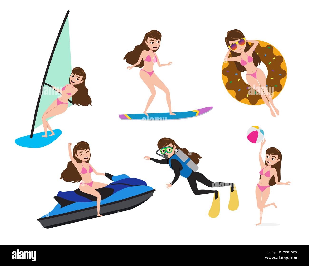 Actividad de verano mujer personajes vector conjunto. Carácter femenino en verano de deportes acuáticos como esquí acuático, surf, buceo y agua. Ilustración del Vector