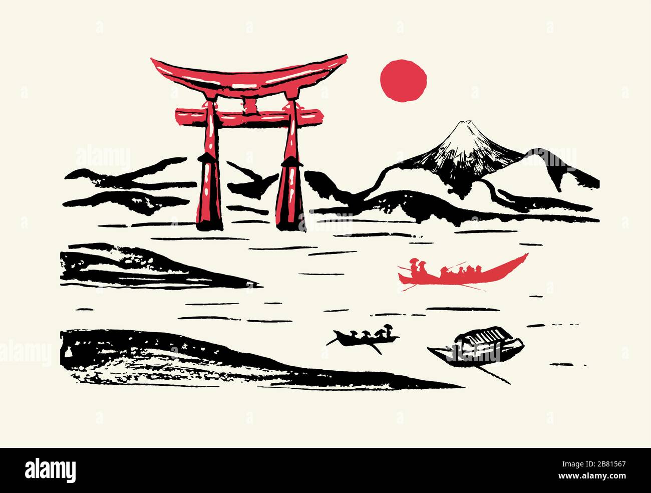 Japón Fuji montaña y Torii rojo puerta, vector de tinta cepillo caligrafía panorama fondo. Monte Fuji japonés y sol sobre el río con silueta de barco de pescador, pintura de tinta pincel dibujado a mano paisaje gráfico Ilustración del Vector