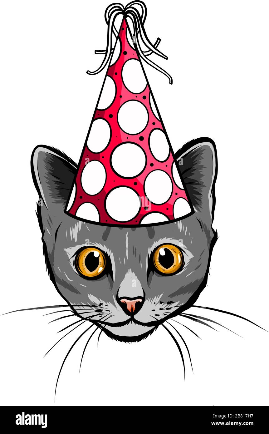 Juego de tarjetas de cumpleaños con lindos gatos de dibujos animados.  Globos y sombreros de fiesta, corazones y confeti. Imagen de contorno  vectorial. Pequeños gatitos Imagen Vector de stock - Alamy