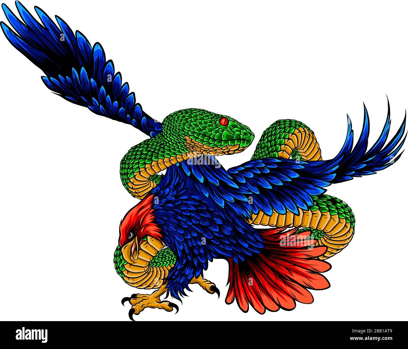 Dibujo de dibujo de un estilo de dibujo de un águila dorada americana, águila  mexicana o caracara norte crestado que grapan una serpiente de cascabel,  víbora, serpiente o Imagen Vector de stock -