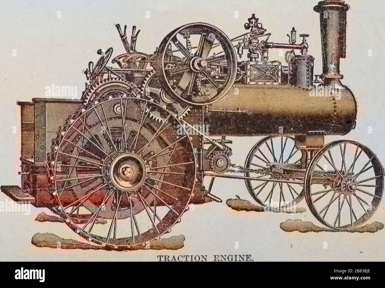 Grabado del J. I, 1910. Case motor de tracción a vapor, del libro 'Motores agrícolas y cómo ejecutarlos' de James H. Archivo de cortesía en Internet. Nota: La imagen se ha