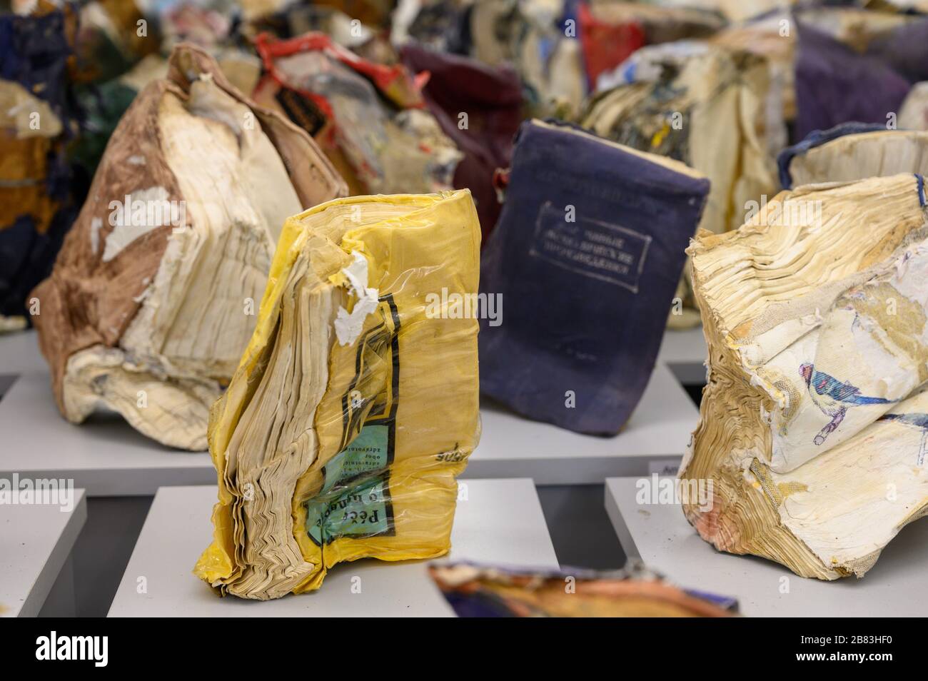 Una muestra de libros antiguos arrugados como parte de la exposición de Matej Krén. Galería de la ciudad de Bratislava. Foto de stock