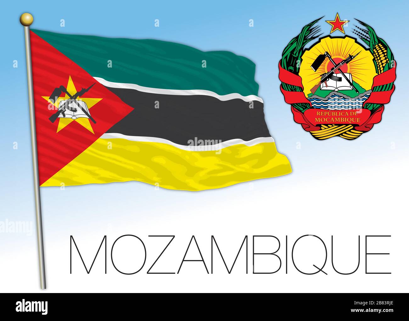 Mozambique bandera nacional oficial y escudo de armas, áfrica, ilustración vectorial Ilustración del Vector