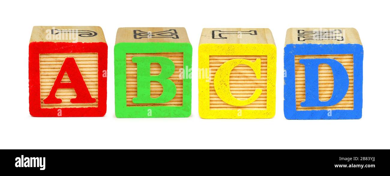 A B C D bloques de cartas de juguete de madera aislados en blanco Foto de stock