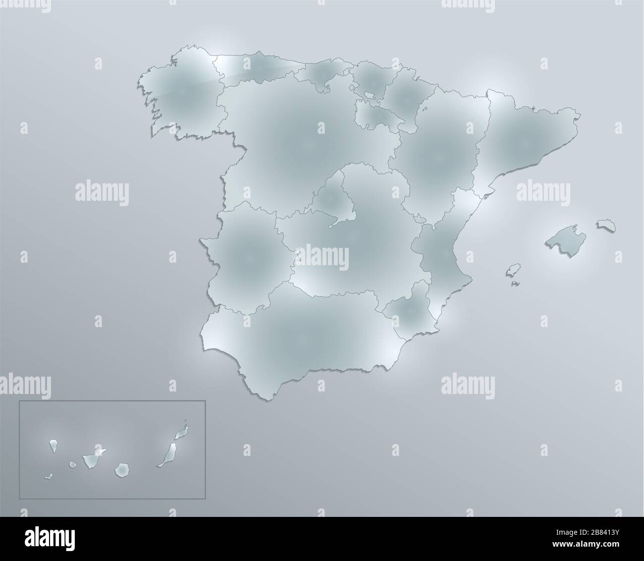 Mapa de España, división administrativa, regiones independientes, diseño de tarjeta de vidrio 3D en blanco Foto de stock