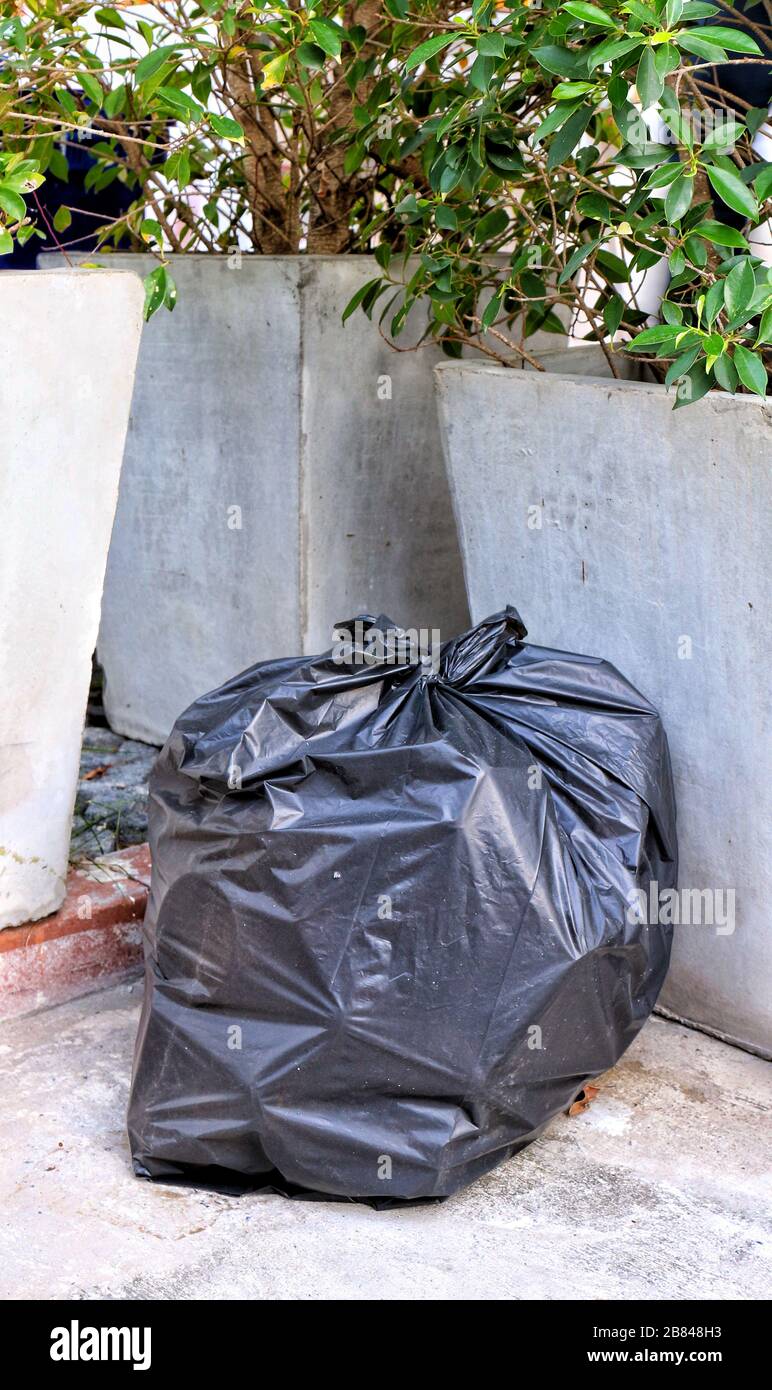 bolsas de basura de plástico negro para residuos de reciclaje colocado al  lado del árbol de maceta de flores Fotografía de stock - Alamy