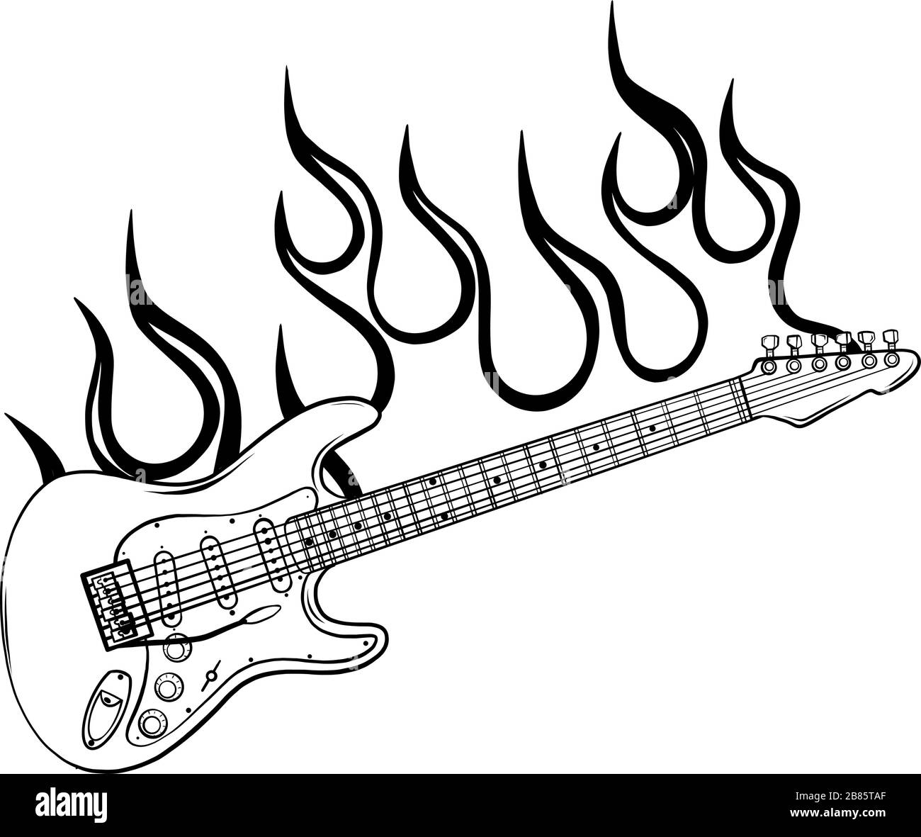 Marca de logotipo Rock STAR o Band Fire. Guitarra eléctrica señal de vector musical de fuego y llama. Ilustración del Vector