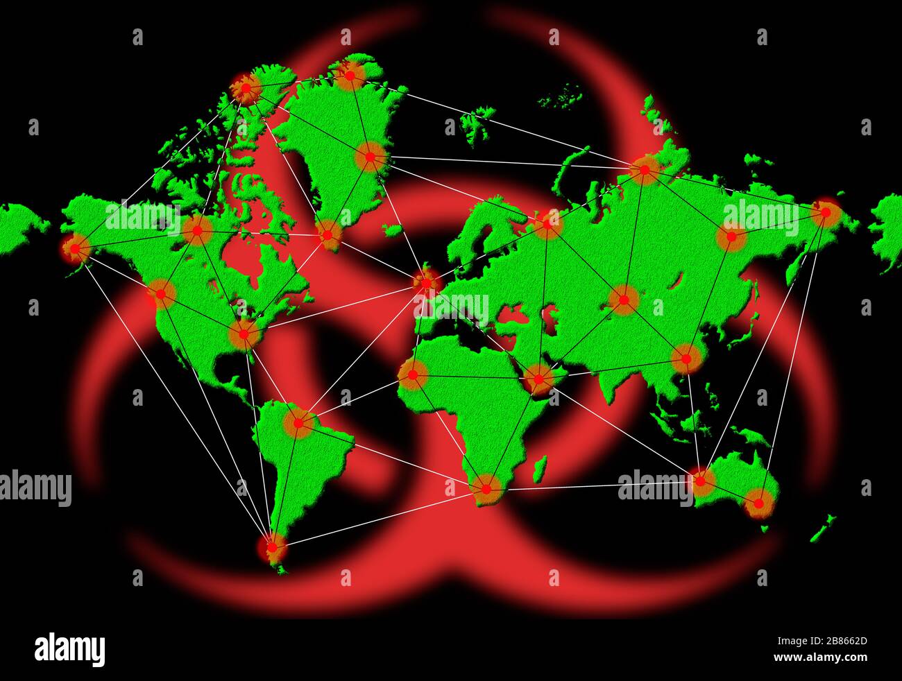 Ilustración o gráfico para mostrar la propagación mundial de la infección o el virus infeccioso en el mapa mundial durante una pandemia Coronavirus COVID 19.virus. Foto de stock