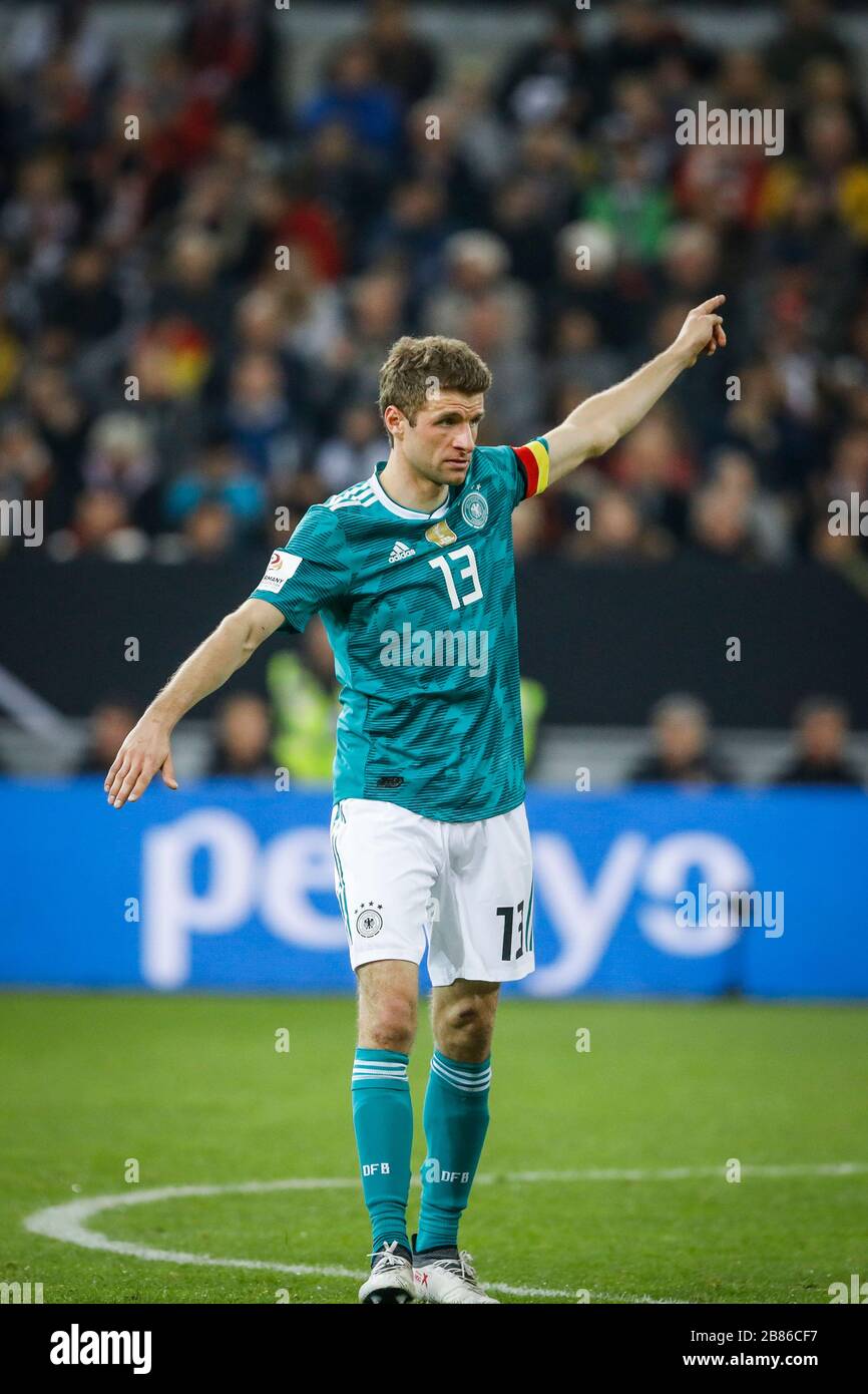 Thomas Mueller de Alemania reacciona durante el partido amistoso entre Alemania y España, Espritarena en Dusseldorf el 23 de marzo de 2018. LŠnderspiel Dt Foto de stock