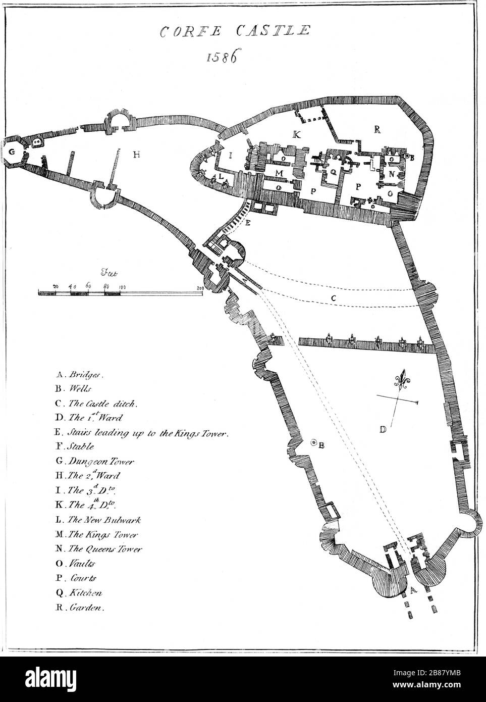 Un plan del Castillo de Corfe, Dorset en 1586 escaneó a alta resolución de un libro publicado en 1784. Se cree que esta imagen está libre de todos los derechos de autor. Foto de stock