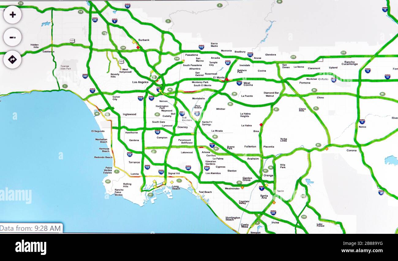 Los Ángeles, California, EE.UU. 20 de marzo de 2020. Captura de pantalla de  un mapa de tráfico de los Ángeles y el condado de Orange de Sigalert.com  que muestra un flujo de
